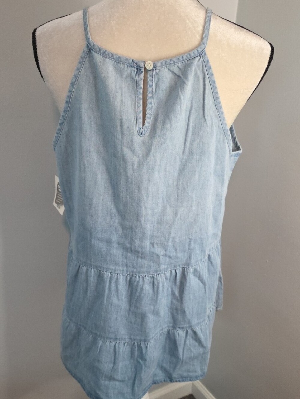 Light Wash Chambray Tiered Halter Blue Tunic / Large - Picture 4 of 5